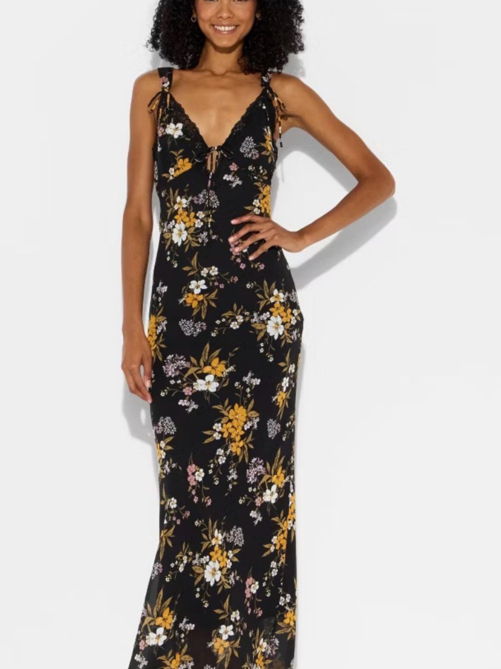wild fable Black Floral Lace-Trim Maxi Dress with Yellow & Pink Blooms